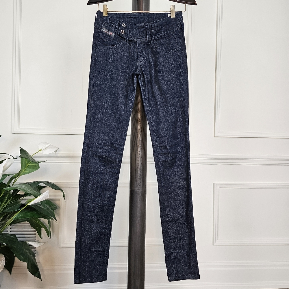 Blue Denim DIESEL INDUSTRY Culture Belt Stretch Slim Tapered Jeans Size W24_ L32